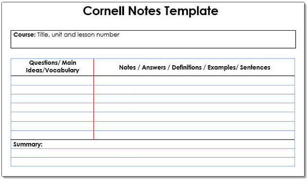 A blank Cornell Notes example template